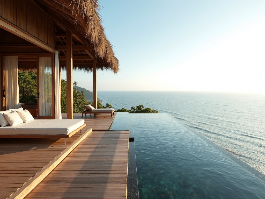 Private clifftop villa terrace with plunge pool overlooking the Sumba coastline