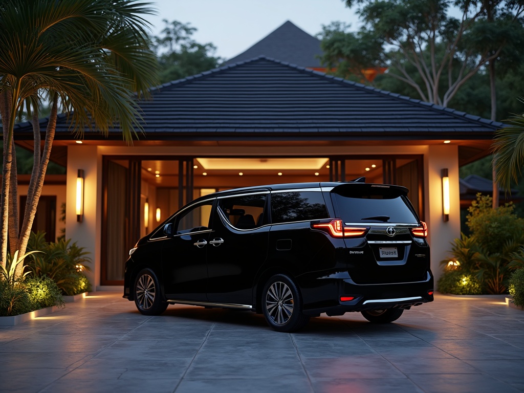Luxury private car waiting at a Bali villa entrance at dusk