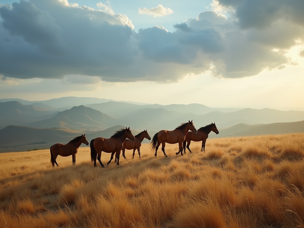 Sandalwood horses grazing on a golden Sumba savanna ridge at morning