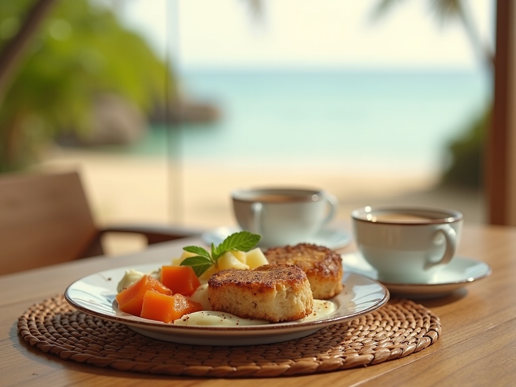 Island breakfast table detail with coffee and woven textures by the ocean