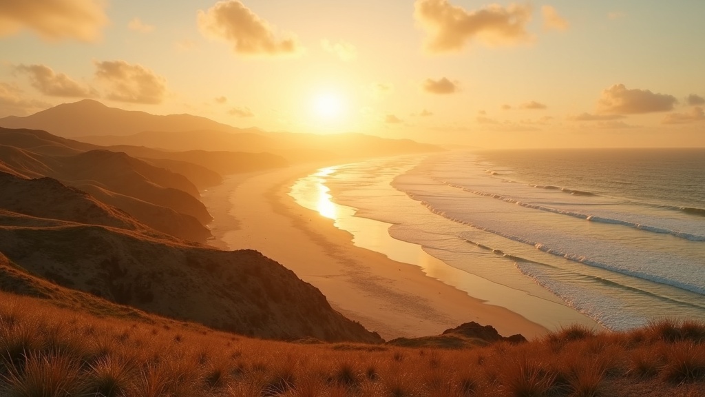 Golden savanna hills meeting a wild empty beach on Sumba's west coast at sunset