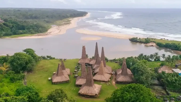 Ratenggaro village and coastline from above, Southwest Sumba